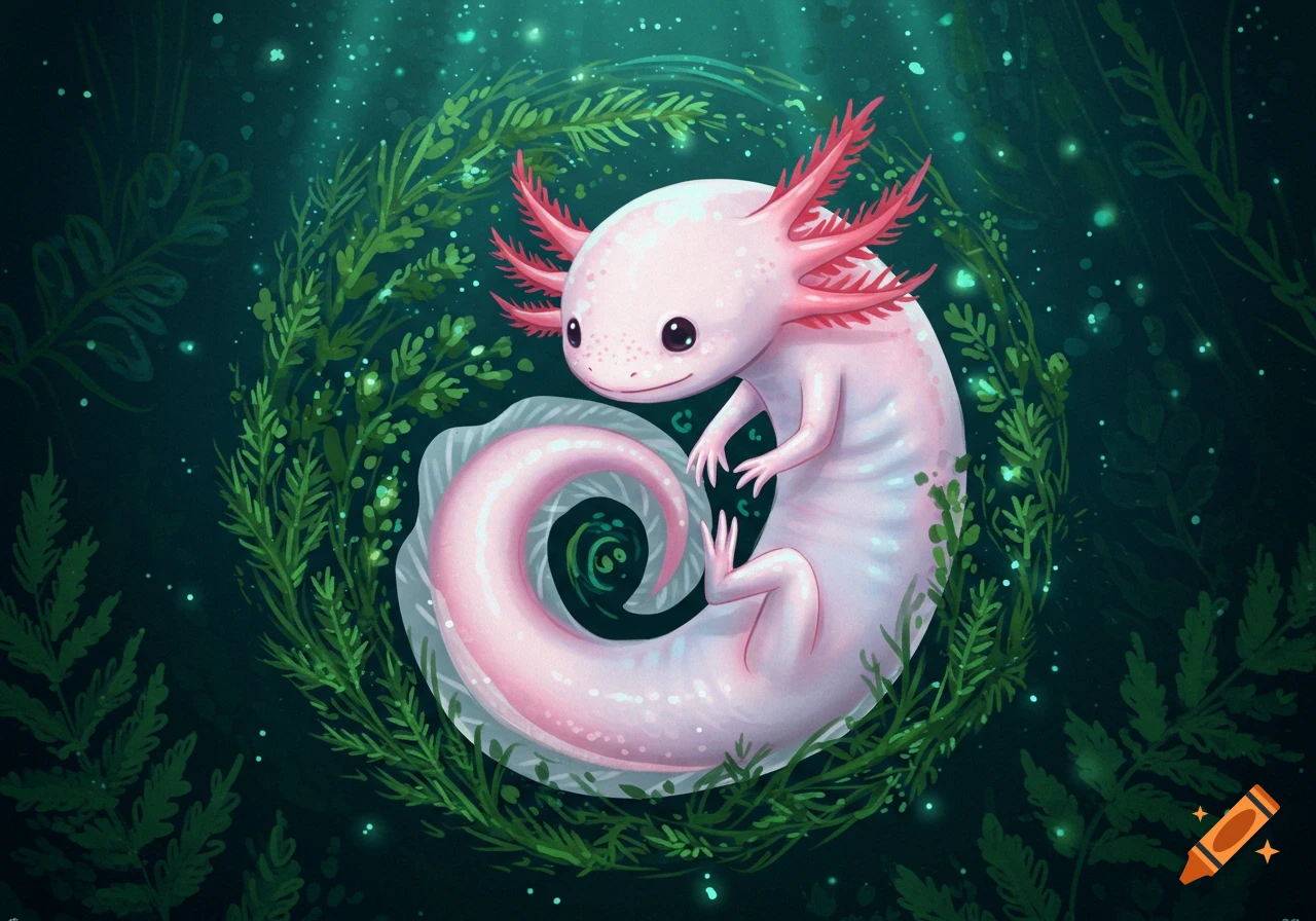 A cute pink axolotl curled up, surrounded by green aquatic plants and glowing particles in a vibrant drawing style.