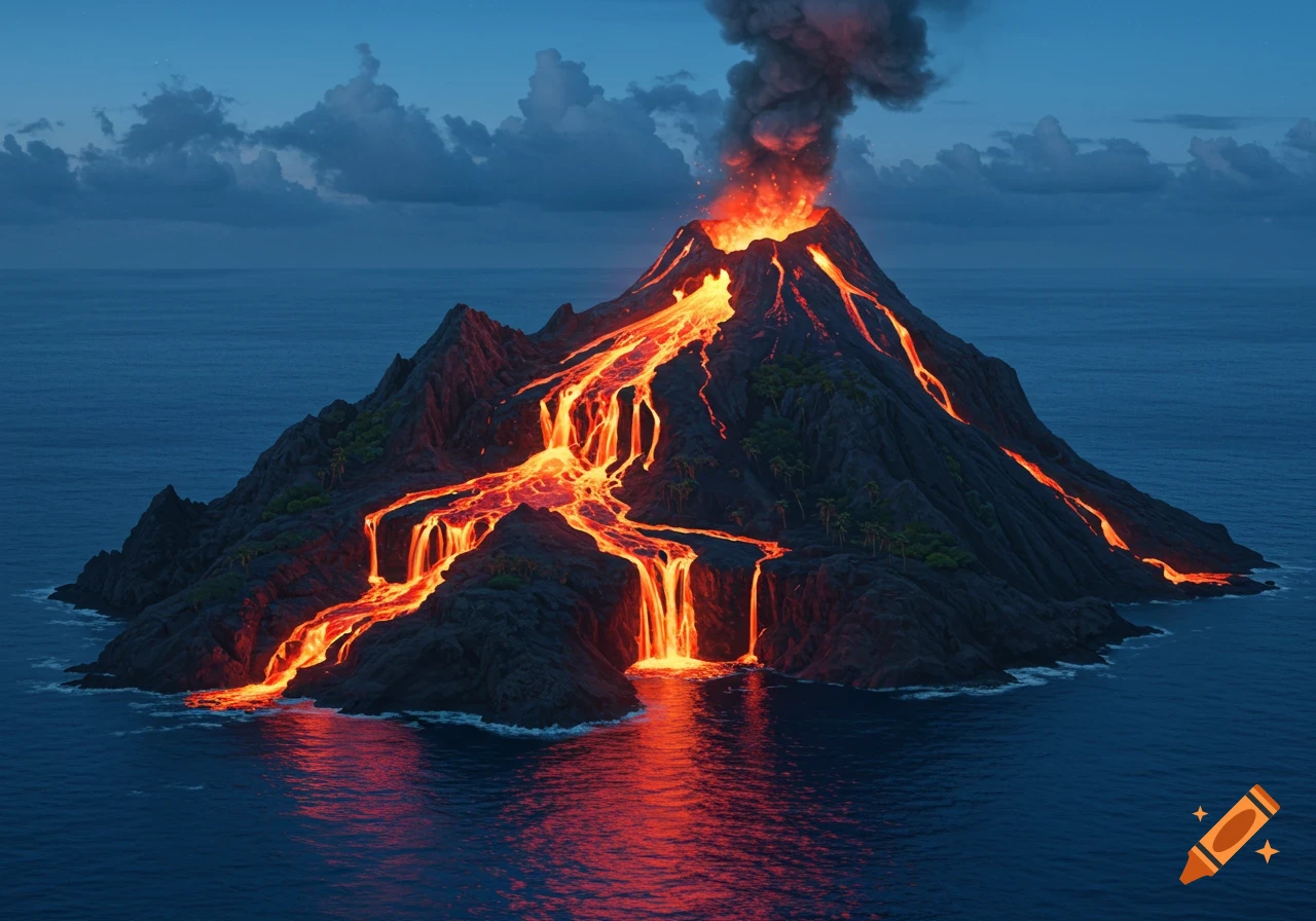 Photorealistic aerial view of a volcanic island erupting at night, with bright orange lava flowing into the dark blue ocean.