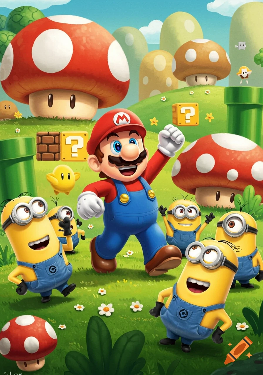 Mario runs through a vibrant, grassy Super Mario landscape with mushrooms and pipes, as several smiling Minions follow him.