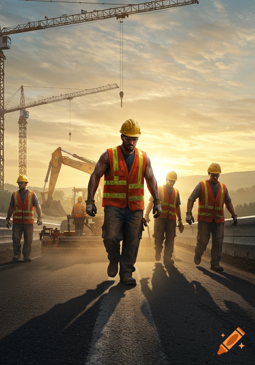 Photorealistic image of construction workers in hard hats and safety vests walking at a construction site with cranes and heavy machinery at sunset.