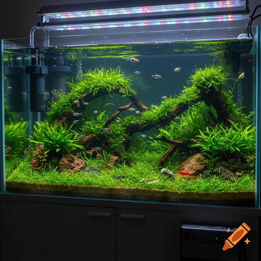 A beautifully aquascaped freshwater aquarium with lush green plants, driftwood, rocks, and colorful small fish. Photorealistic.
