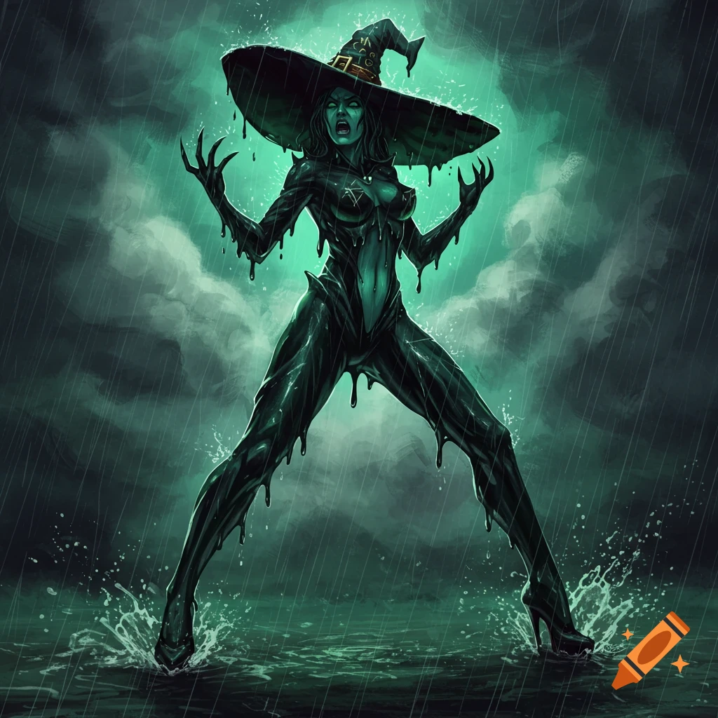A green-skinned witch in a wide hat and slinky suit screams, melting in the rain, splashing in puddles.