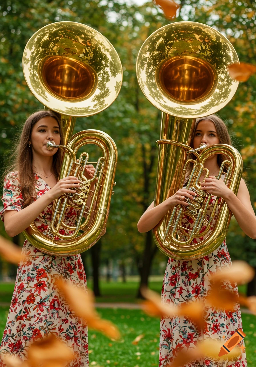 Two young women in floral dresses play subcontrabass tubas outdoors in a park with falling autumn leaves, photorealistic style.