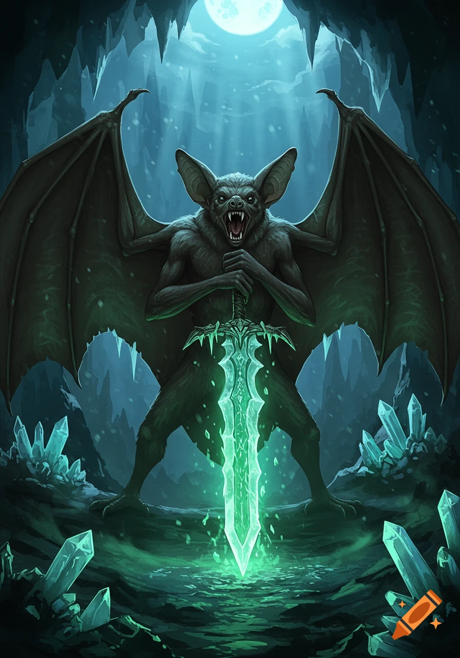 A monstrous bat-like creature with large wings holds a glowing green sword in a dark, crystal-filled cave under a full moon.