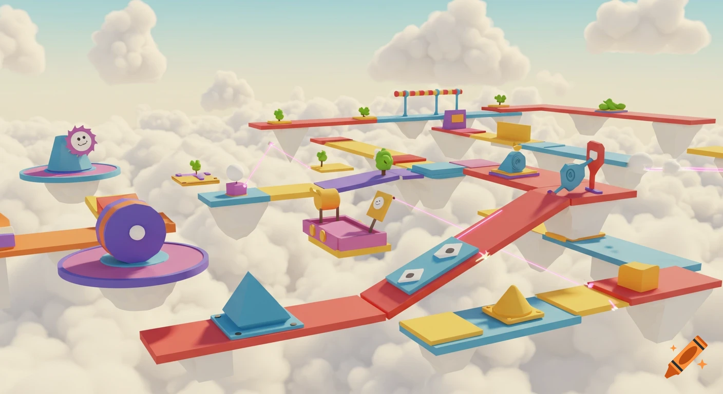A colorful 3D rendered obstacle course game with floating platforms and geometric objects in a cloudy sky.