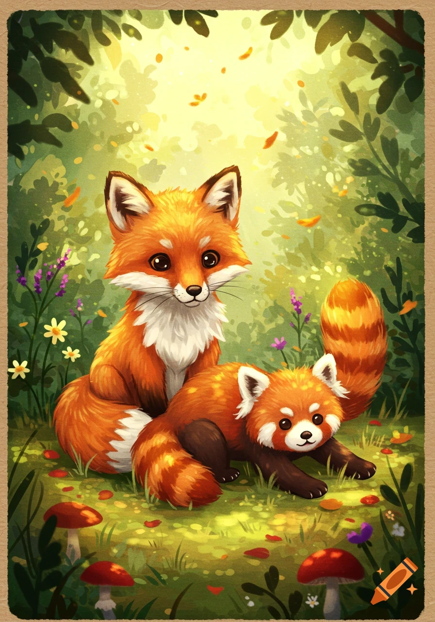 A cute illustrated fox and red panda sit together in a sunny forest with mushrooms and flowers.