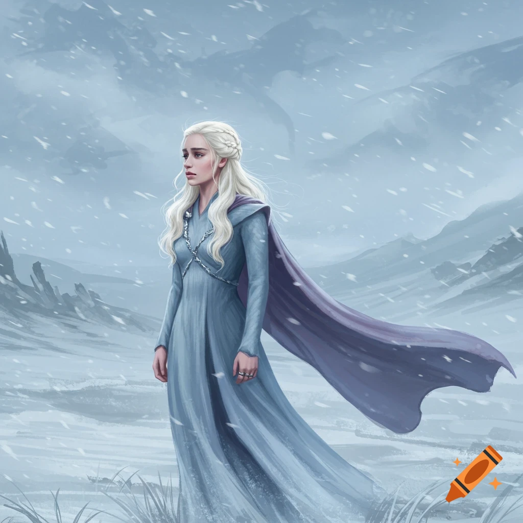 A fair-haired woman in a flowing blue dress and purple cape stands in a snowy mountain landscape.