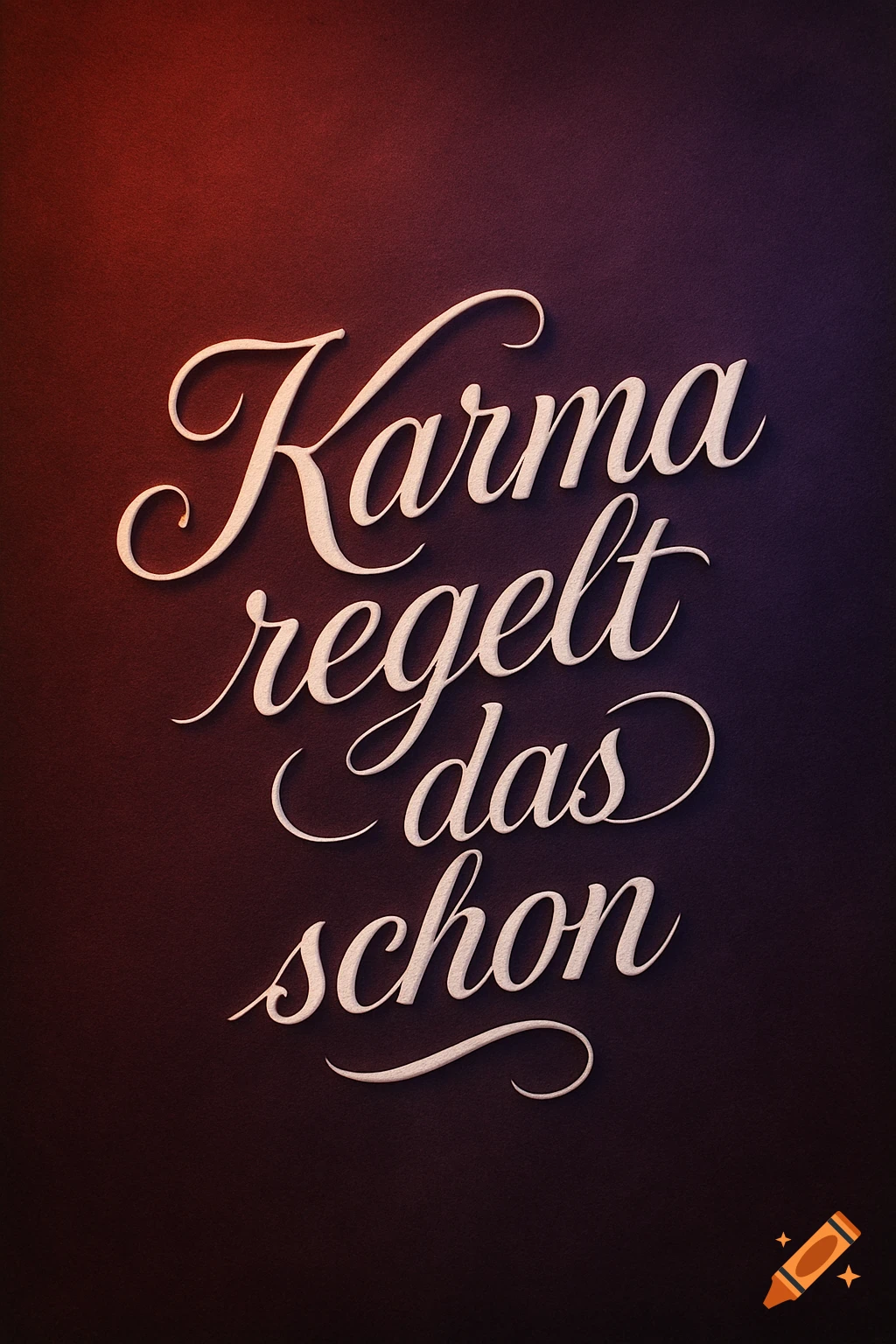 Decorative light script reads 'Karma regelt das schon' (Karma takes care of it) on a dark red and purple background.