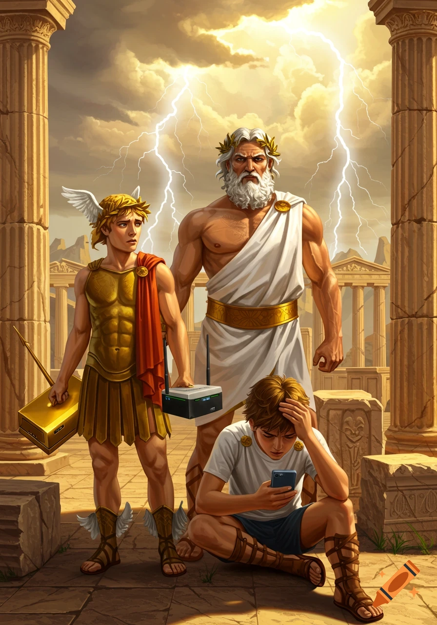 Zeus, Hermes with a router, and a boy on a phone among ancient Greek ruins under a lightning storm.