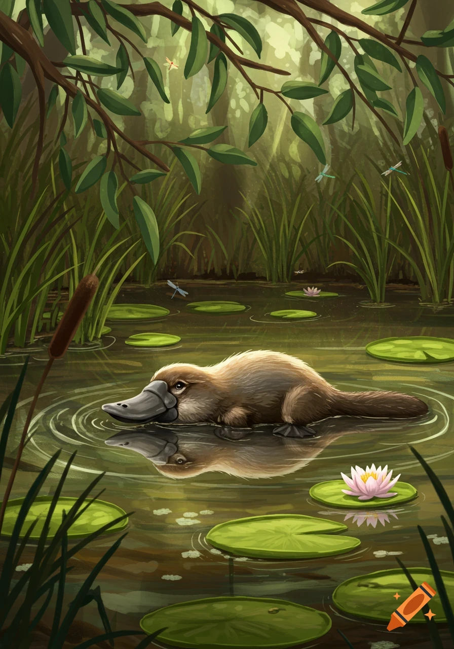 An illustrated platypus swims in a pond with lily pads, reeds, and dragonflies, surrounded by green foliage.