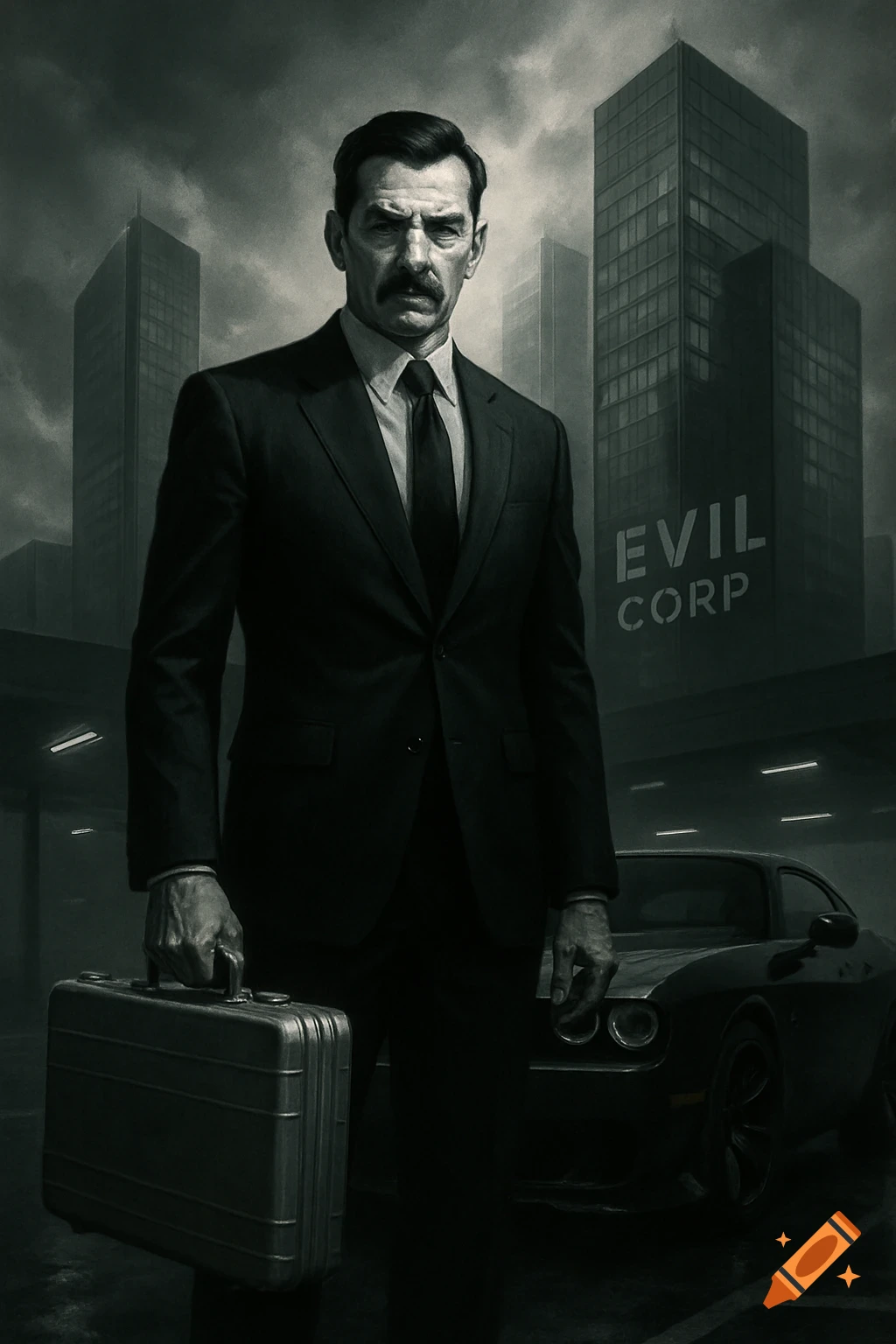 A stern man in a suit with a mustache holds a briefcase in a dark, gritty city with an 'EVIL CORP' building.