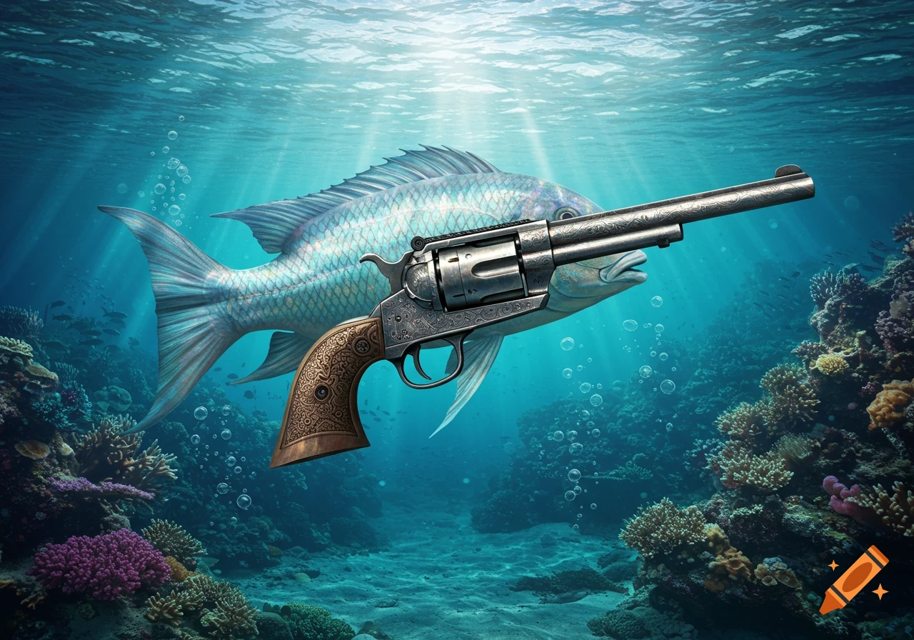 A large fish holds a revolver underwater amidst colorful coral reefs with light rays from above.