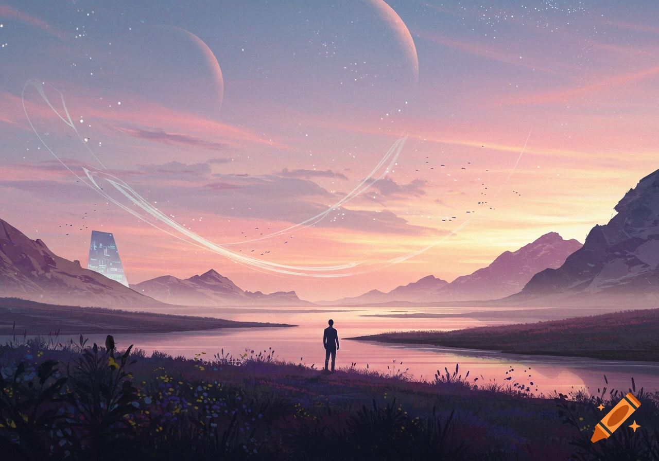A lone figure stands by a tranquil lake, gazing at a distant futuristic city and two large planets in a vibrant sunset sky, in a digital painting style.