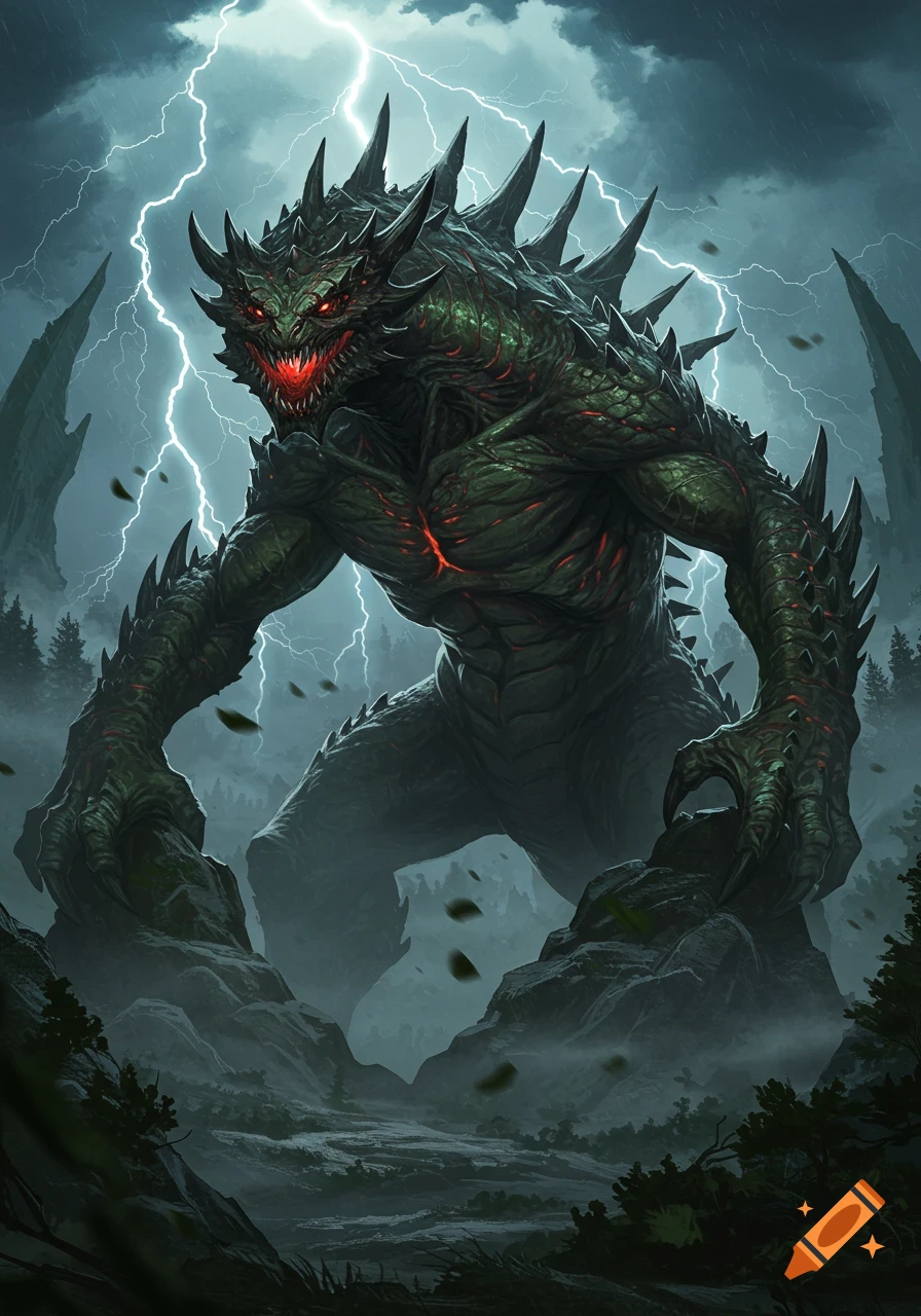 A massive, dark green, spiky monster with glowing red eyes stands in a misty, rocky landscape under a stormy sky with lightning.