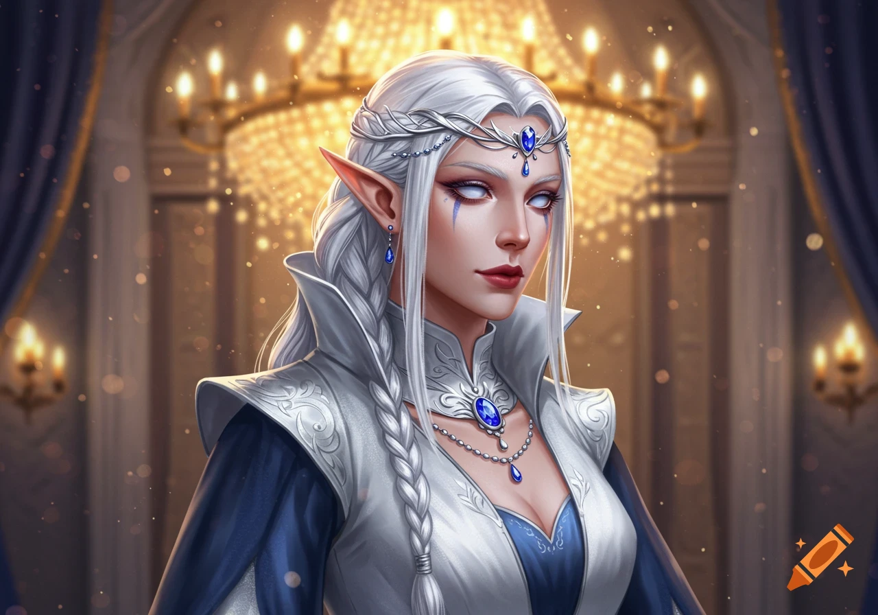 Fantasy portrait of an elf woman with white hair, white eyes, blue facial markings, silver diadem, and a white and blue gown with a sapphire necklace. Chandelier background.