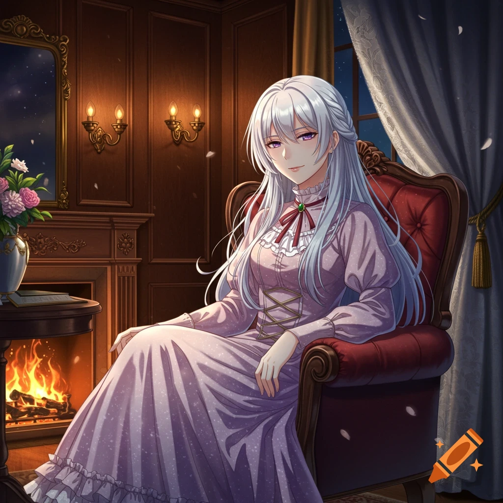 An anime girl with long white hair sits in a red armchair by a fireplace in a dimly lit room, with a starry night visible outside.