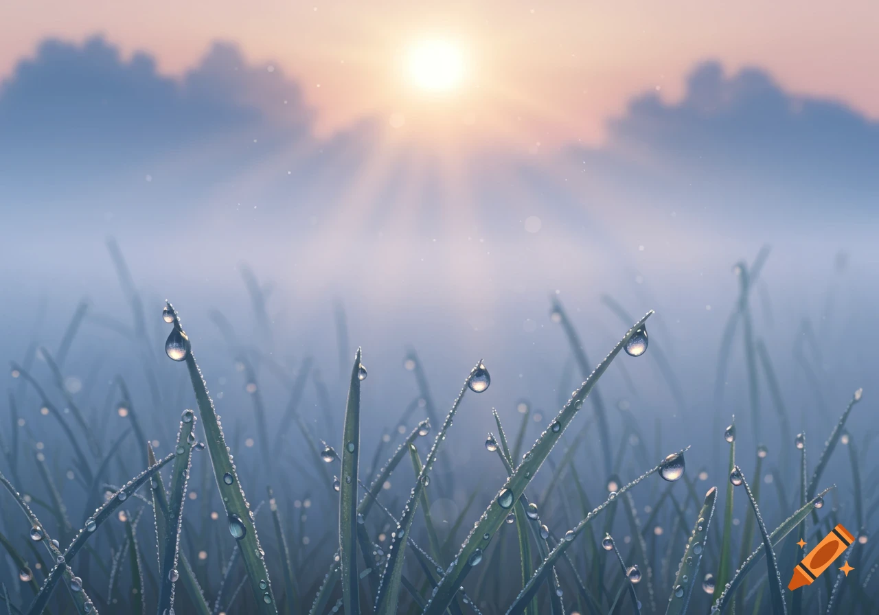 Close-up of dewdrops on blades of grass, with a misty sunrise in the background.