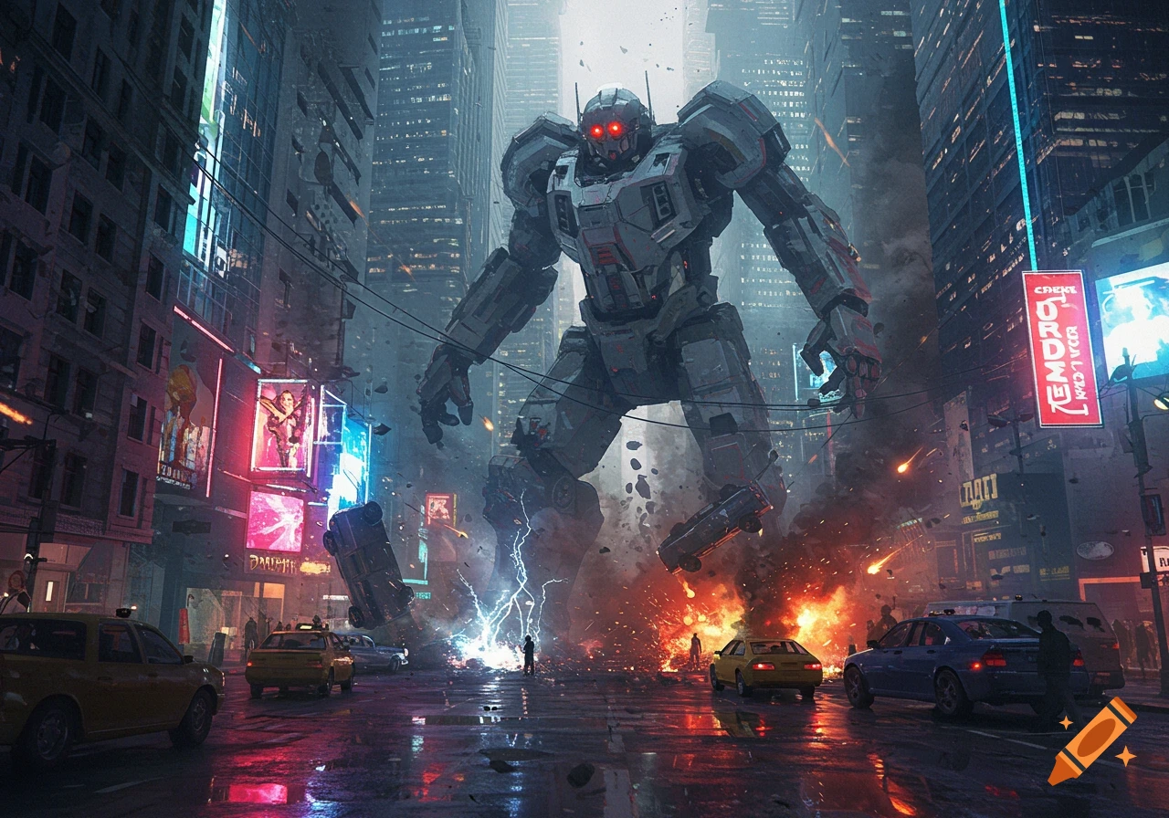 A massive robot with glowing red eyes attacks a futuristic city, causing explosions, debris, and chaos in a rainy urban street, depicted in a dramatic, photorealistic style.