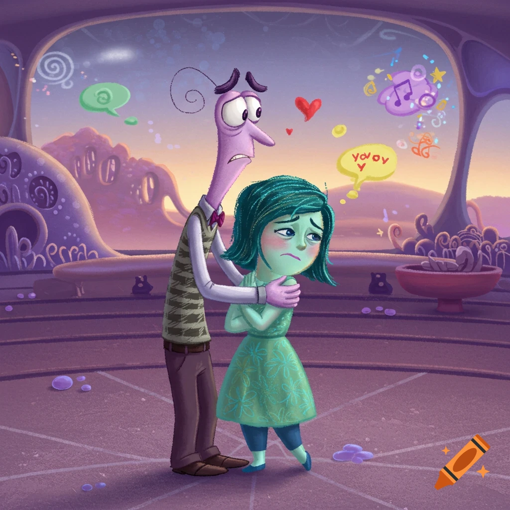 Fear from Inside Out hugs a sad Anxiety in a stylized purple landscape, with floating thought bubbles.