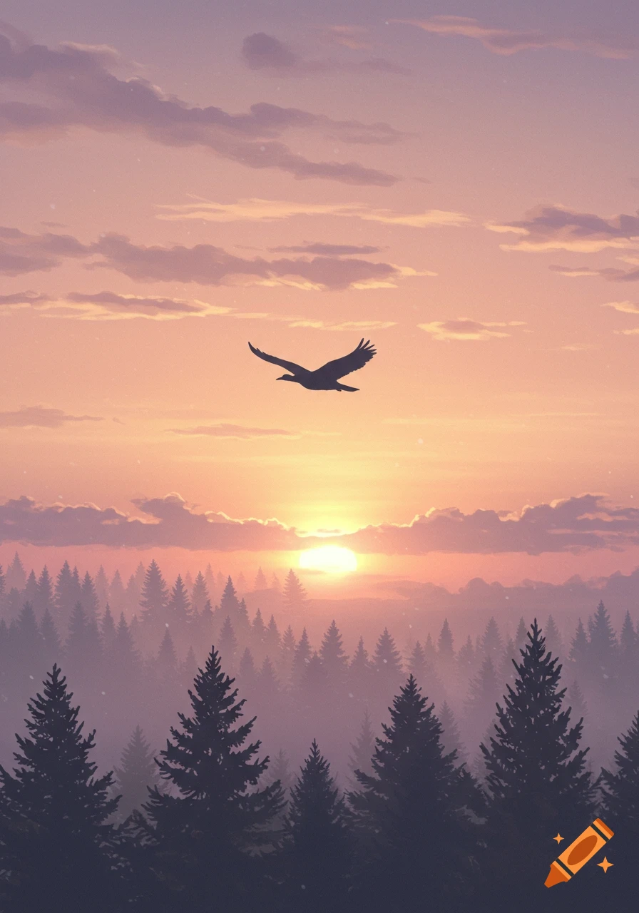 A silhouette of a bird flying over a misty forest at sunrise, with an orange and pink sky.