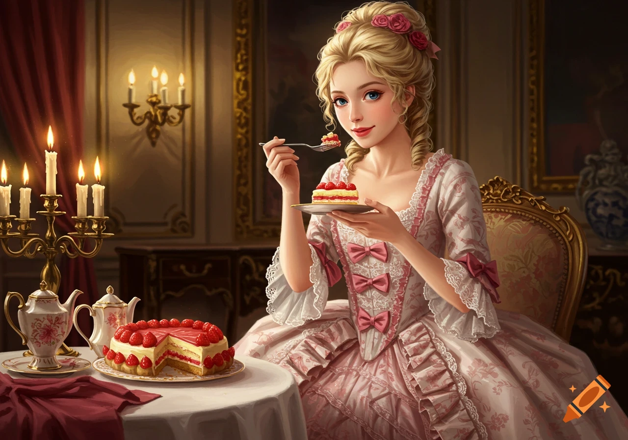 Blonde woman in a pink baroque dress eats strawberry cake at a candlelit table in an opulent room, illustrated.
