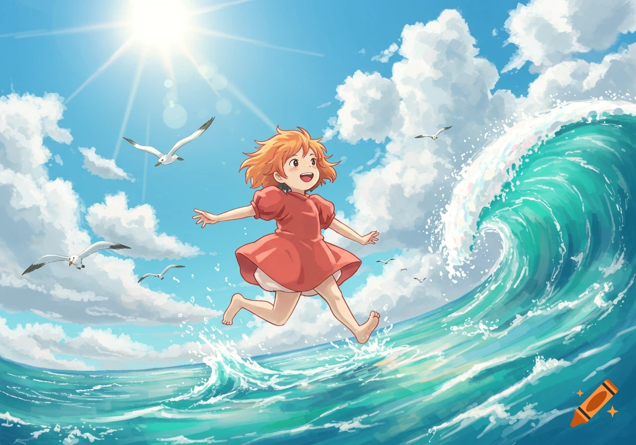 A happy, orange-haired anime girl in a red dress runs barefoot on the ocean's surface under a sunny sky with seagulls and a large turquoise wave.