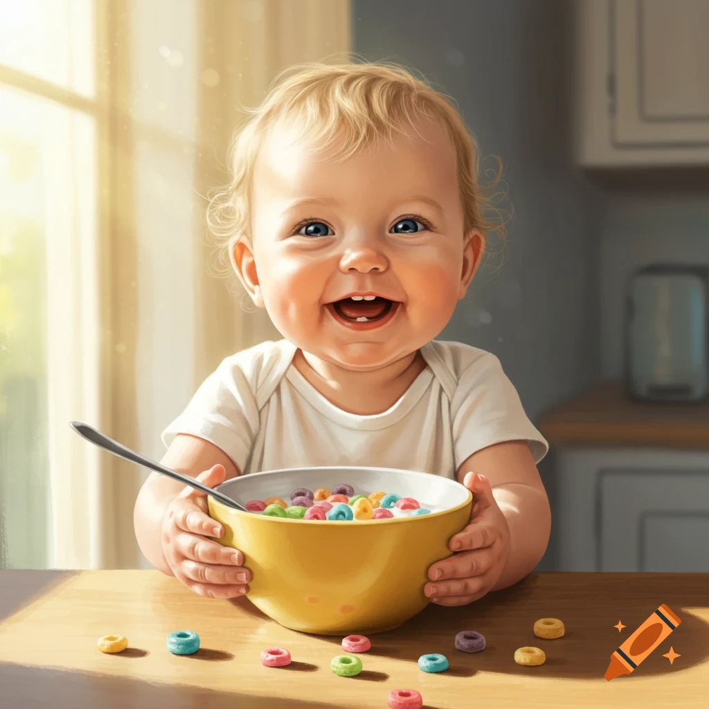 A happy baby with blue eyes sits at a table, holding a yellow bowl filled with colorful cereal and milk, bathed in warm sunlight.