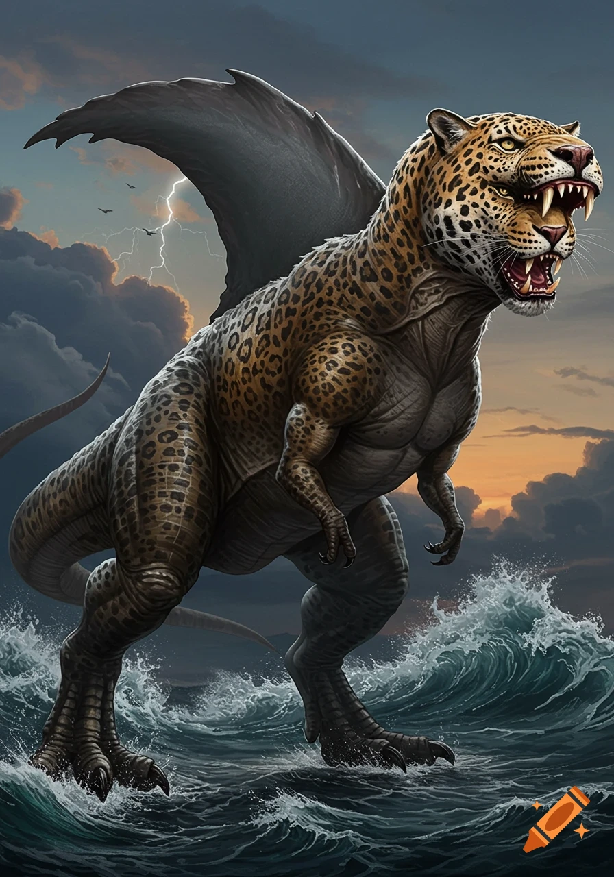 A fierce creature with a jaguar head and a T-Rex body, with dark wings, stands in a stormy ocean under a lightning-filled sky.