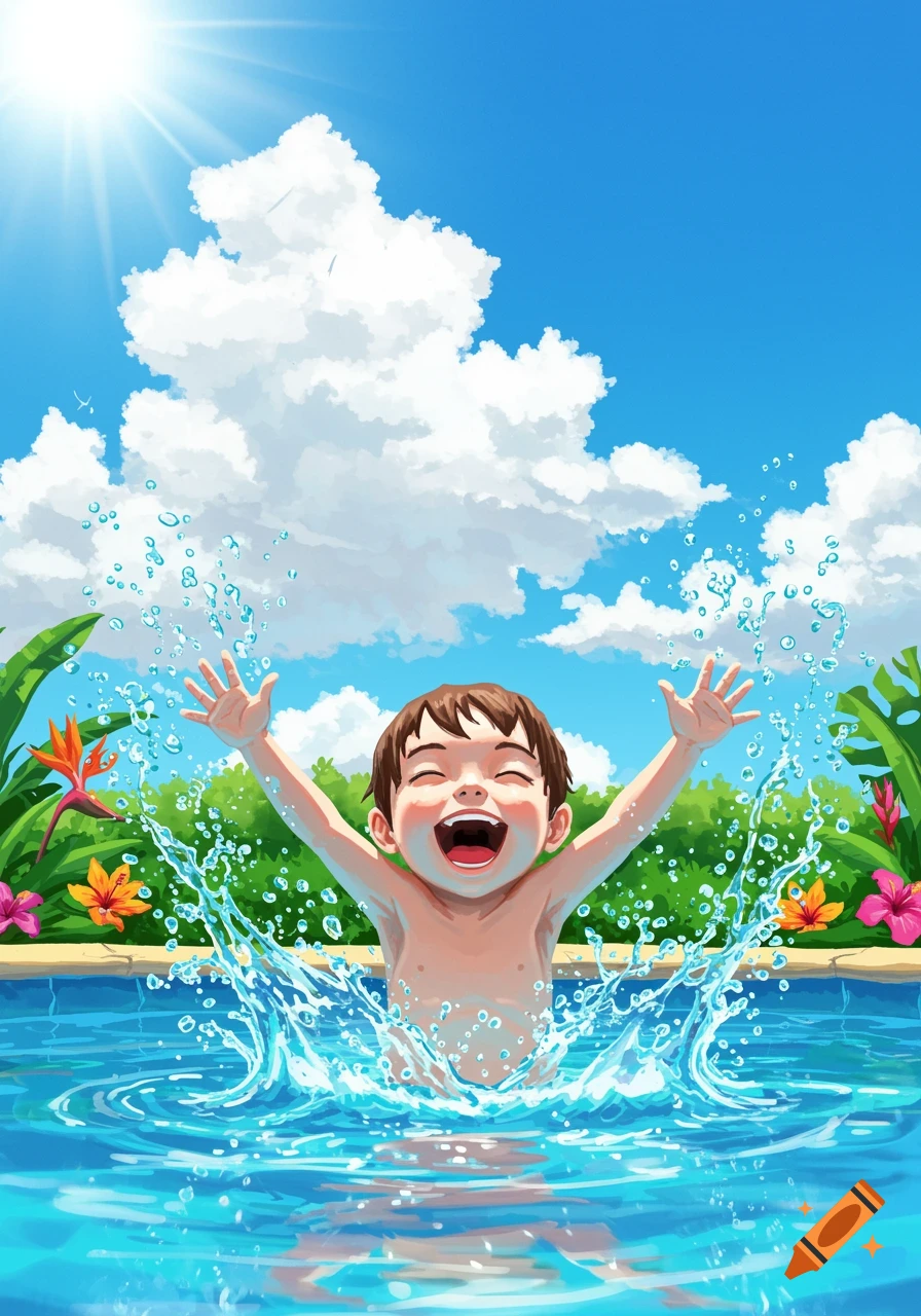 A happy cartoon child with arms raised splashes water in a swimming pool on a sunny day with tropical plants.
