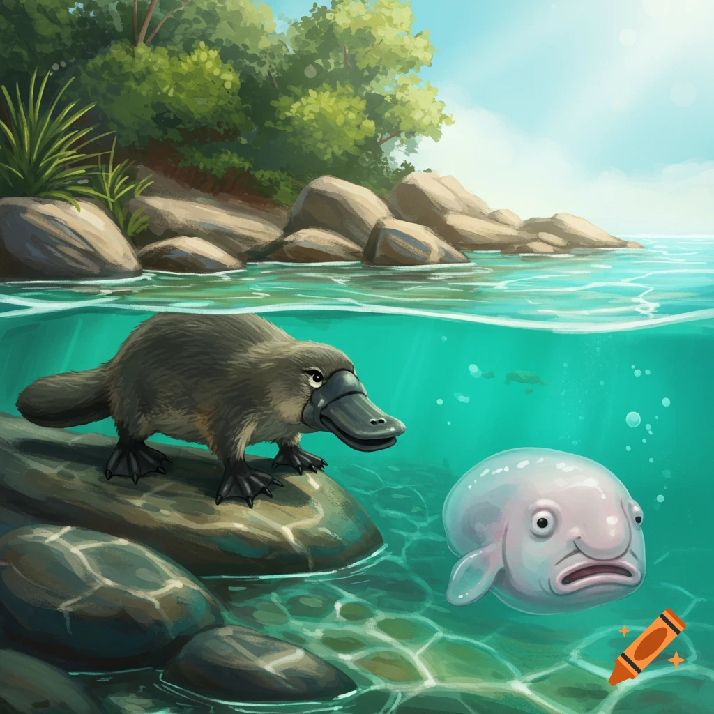 An illustration of a platypus on rocks looking at a blobfish in clear turquoise water, with a natural shoreline and trees.