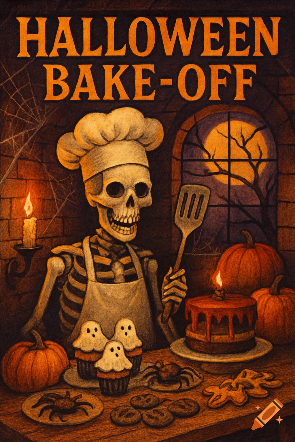 Stylized Halloween bake-off poster with a skeleton chef, baked goods like ghost cupcakes and pumpkin cake, and pumpkins.