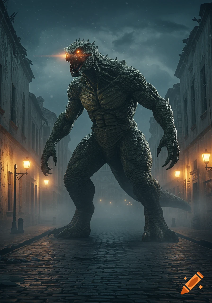 A gigantic, scaly reptilian monster with glowing orange eyes stands in a dark, misty city alleyway at night, framed by old buildings and street lamps.