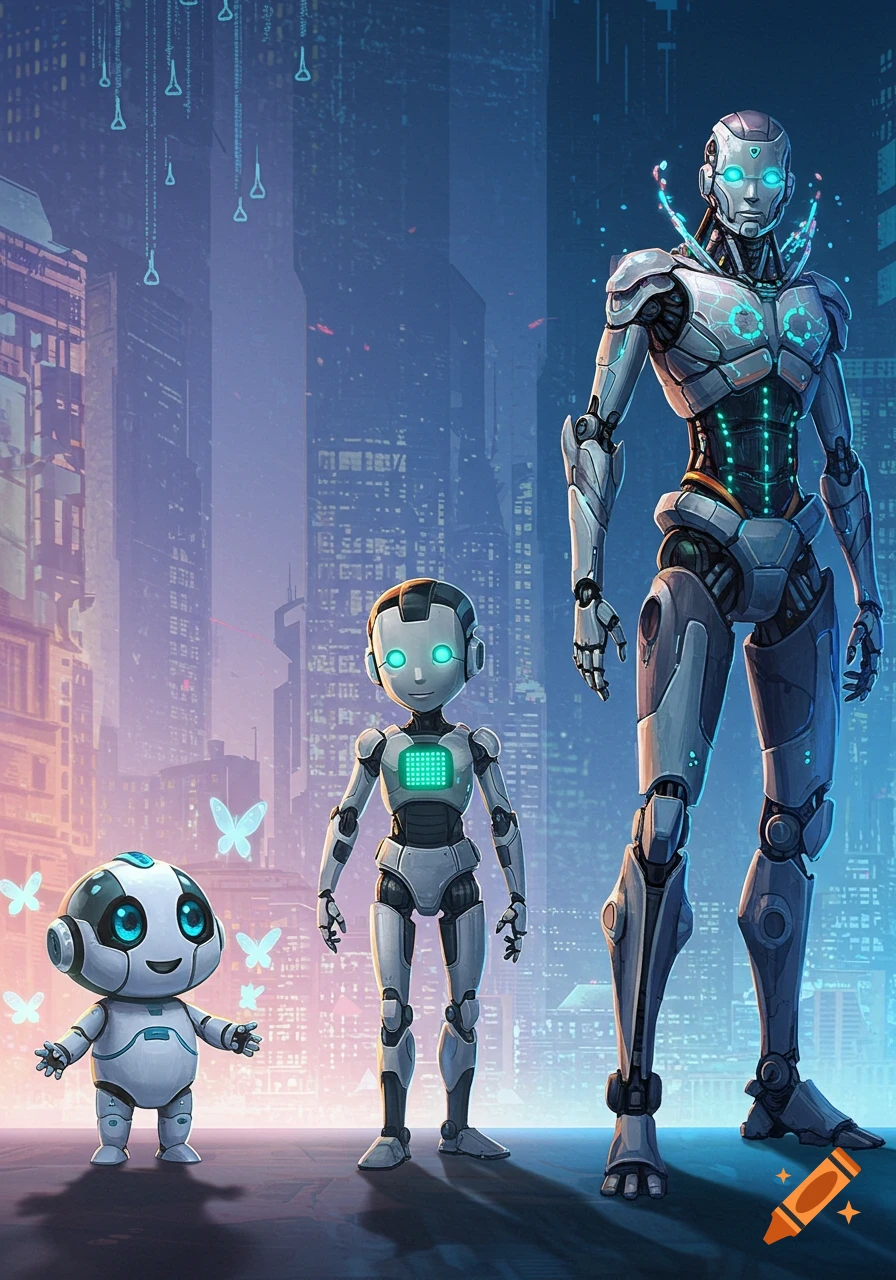 Three robots of increasing size, from small and cute to large and adult-like, stand in a futuristic city scene.