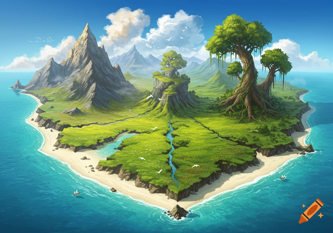 An aerial view of a vibrant, verdant island with distinct regions: a towering mountain, a lush forest with large gnarled trees, open plains with rivers, and sandy beaches bordering turquoise ocean. Small boats and birds are visible.