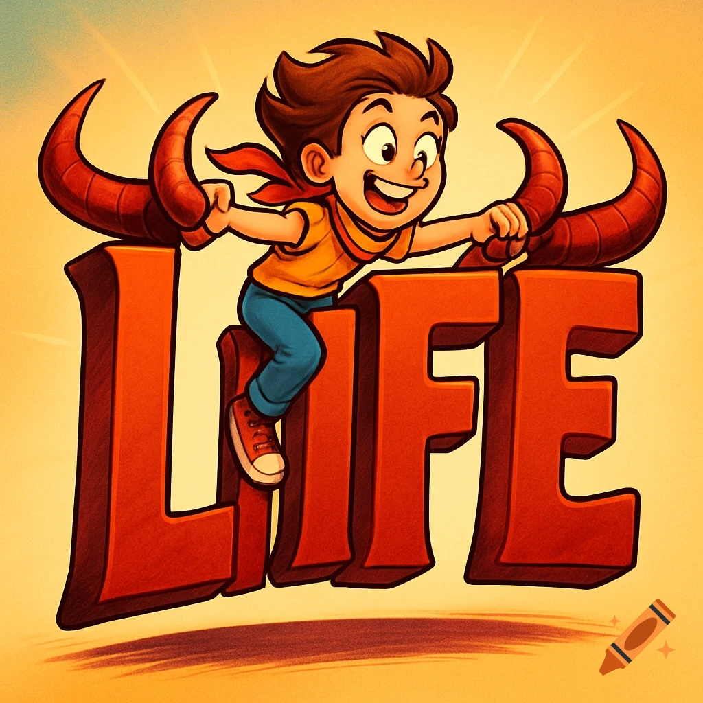 Happy cartoon child riding large red 3D letters spelling 'LIFE' with goat horns, bright illustration.