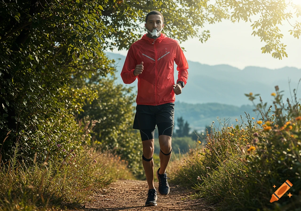 A man in a red jacket and black shorts runs on a dirt path, wearing a white respiratory mask, with trees and mountains in the background.