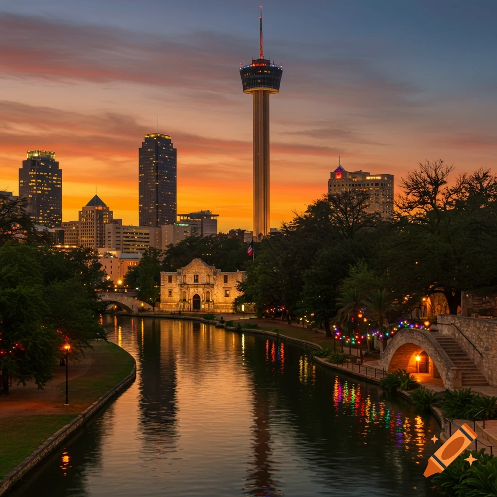 San Antonio skyline at sunset with the Riverwalk, Tower of the Americas, and the Alamo, city lights reflecting on the water.