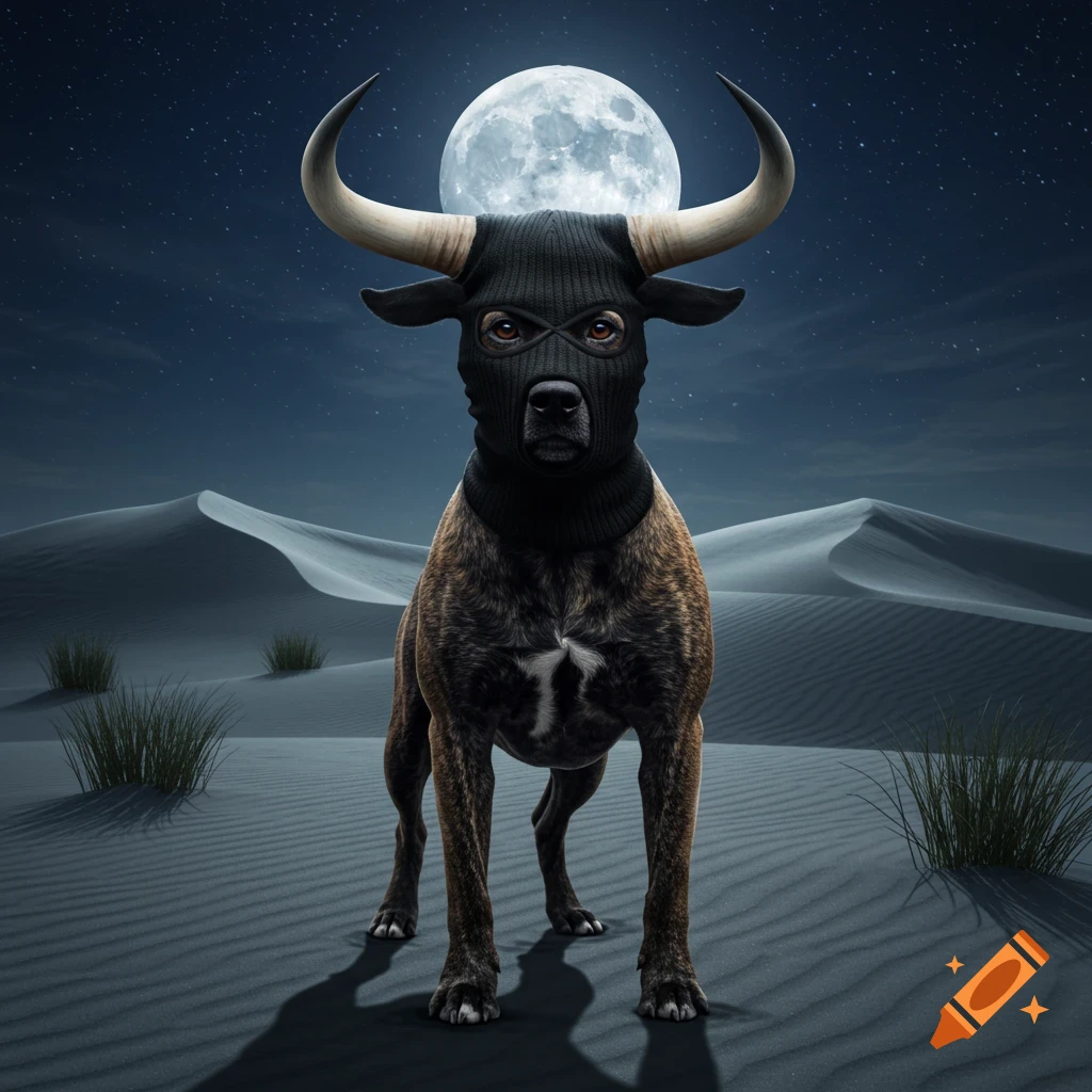 A dog with bull horns wearing a black ski mask stands in a desert under a full moon at night.