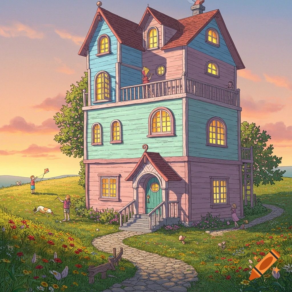 A whimsical, multi-story house with children playing on a grassy hill at sunset, illustrated in a charming cartoon style.