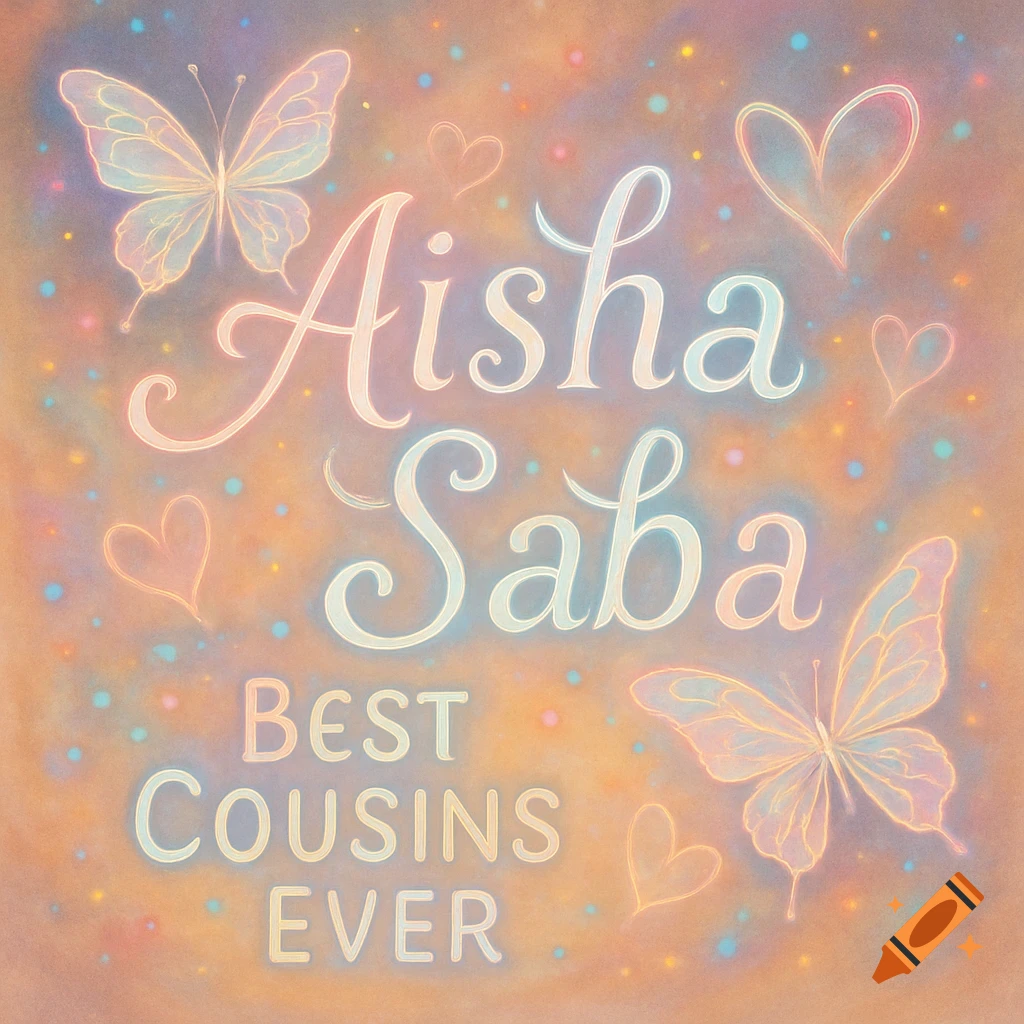 Glowing pastel decorative art with the text 'Aisha Saba Best Cousins Ever', surrounded by butterflies and hearts.