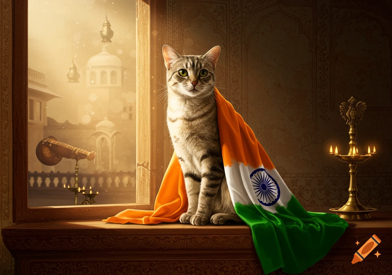 A photorealistic cat with green eyes sits by a window, draped in an Indian flag, with Indian architecture in the background.