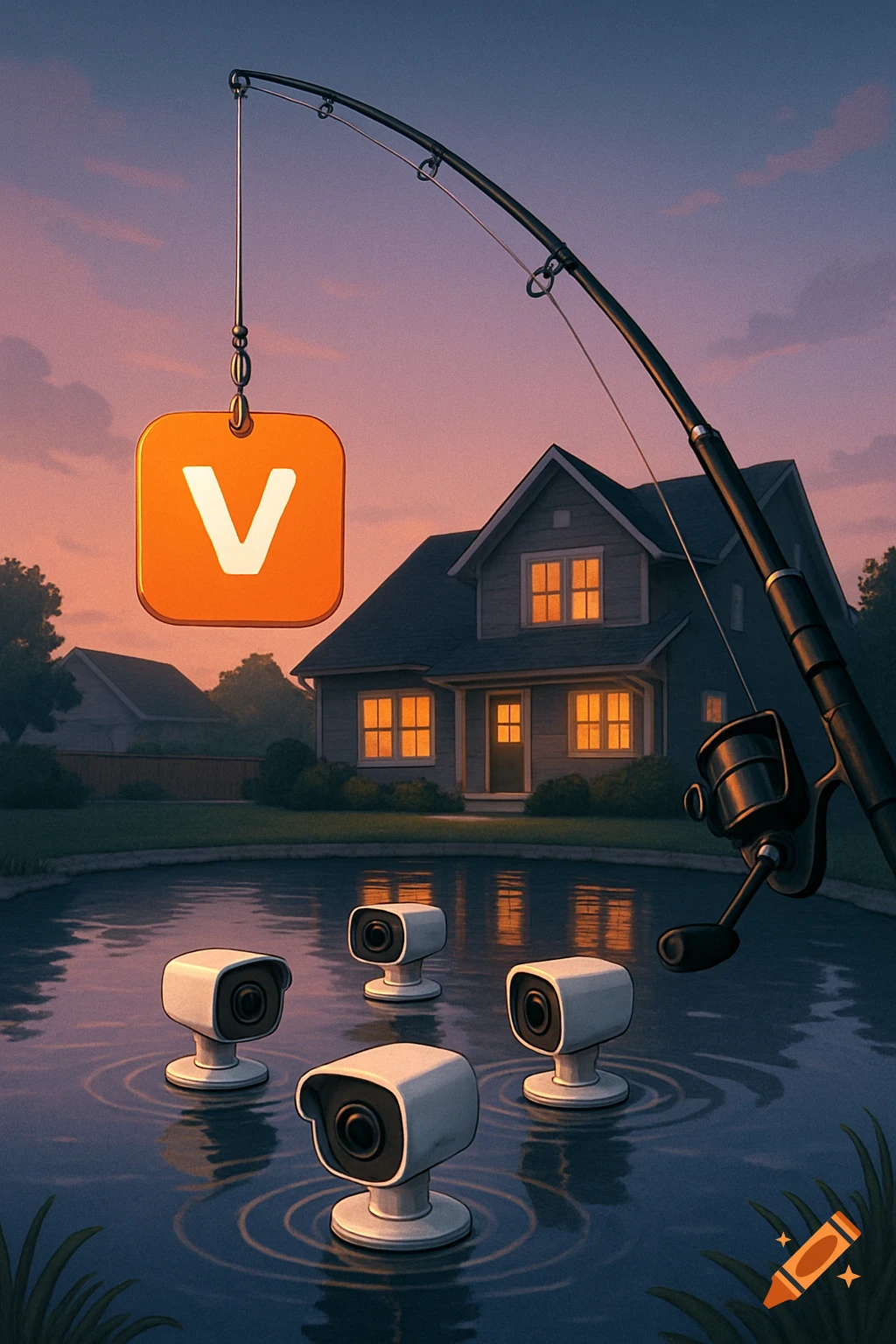 Illustration of a fishing rod with a Vivint app logo bait, catching security cameras in a pond by a house at dusk.