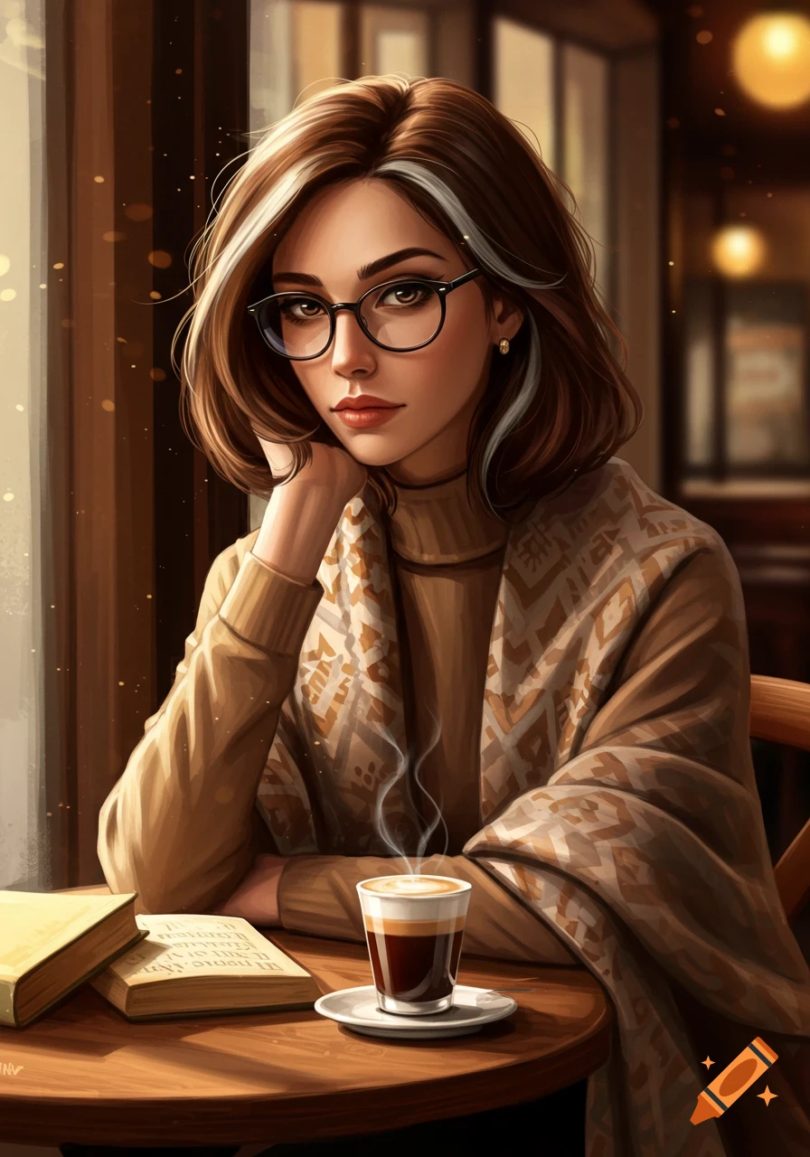Digital art portrait of a young woman with glasses and a grey hair streak, sitting in a cozy cafe with coffee and books.