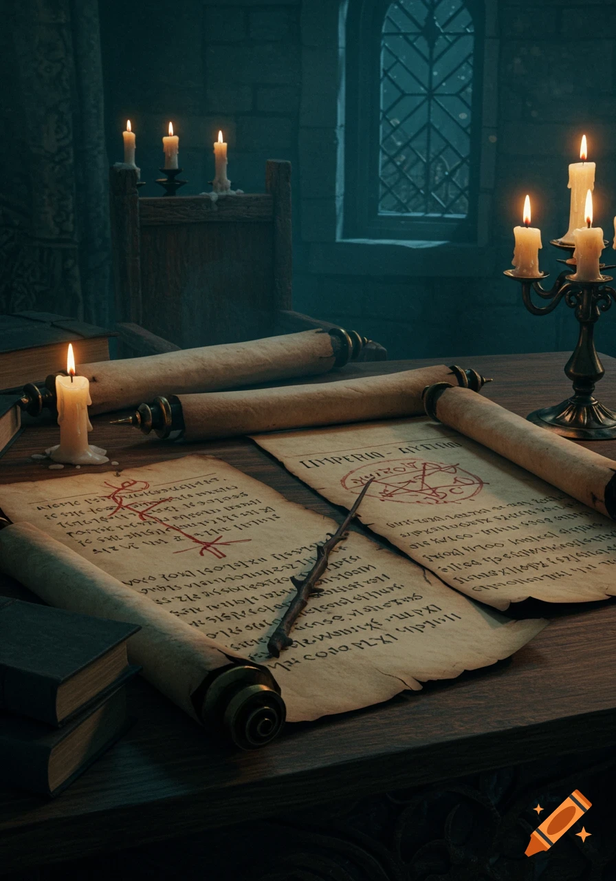 Old scrolls with faux text, a quill, and lit candles on a dark wooden table in a gloomy stone room.