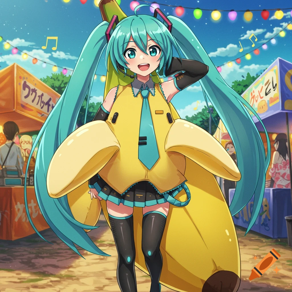 Hatsune Miku in a yellow banana costume at a vibrant outdoor festival with stalls and lanterns, smiling brightly in anime style.