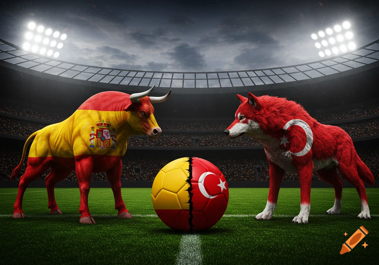 A Spanish flag bull and a Turkish flag wolf face each other in a football stadium, with a split Spain-Turkey football between them.