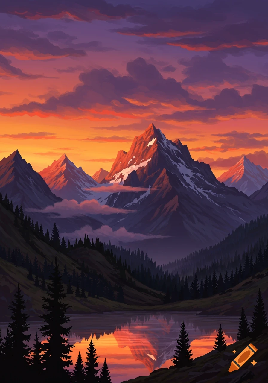 Vibrant digital art painting of a mountain landscape at sunset with a reflective lake and pine forests.