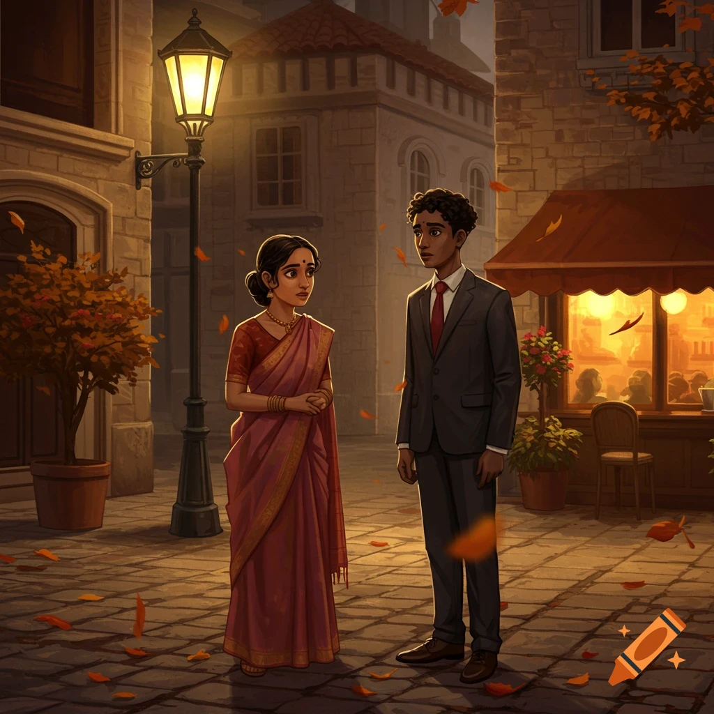 Stylized illustration of a South Asian couple on a cobblestone street at dusk with autumn leaves and a lit lamppost.