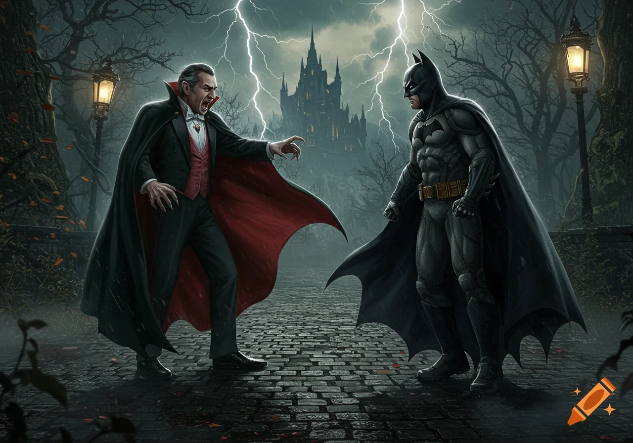 An illustration of Dracula and Batman facing each other on a cobblestone path during a lightning storm, with a gothic castle in the background.