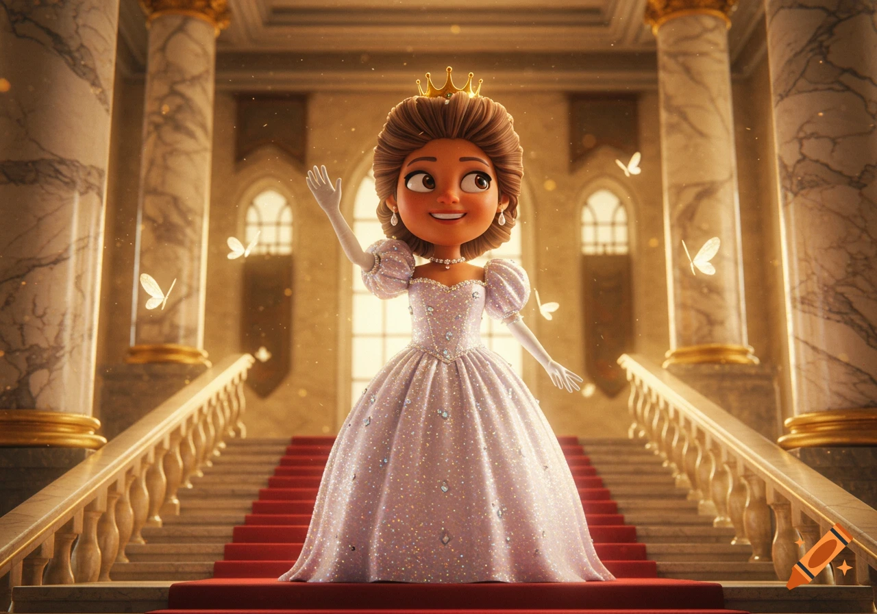 A whimsical 3D animated princess in a sparkling gown waves on a red carpeted staircase in a grand palace.